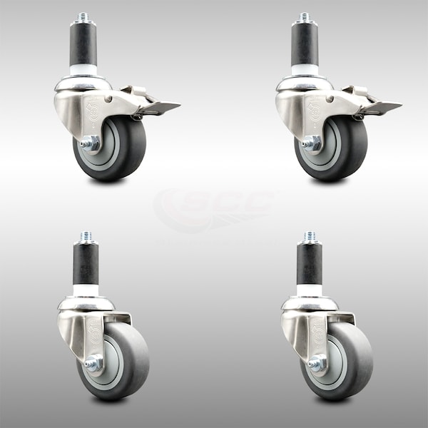 Service Caster 3 Inch 316SS Thermoplastic Rubber Swivel 1-1/4 Inch Stem Caster Lock Brake, 2PK SCC-SS316TTLEX20S314-TPRB-2-S-2-114 - main